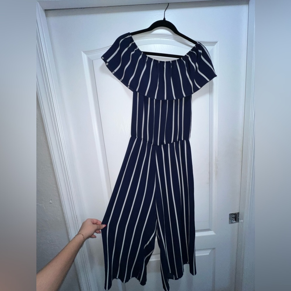 Navy & White Striped Jumpsuit.